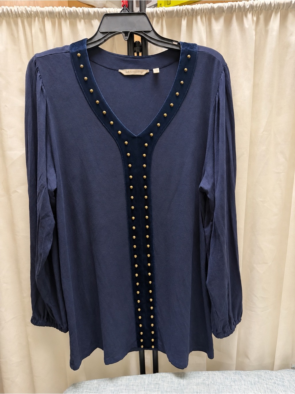 Soft Surroundings Navy V-Neck Tunic with Gold Stud Detail